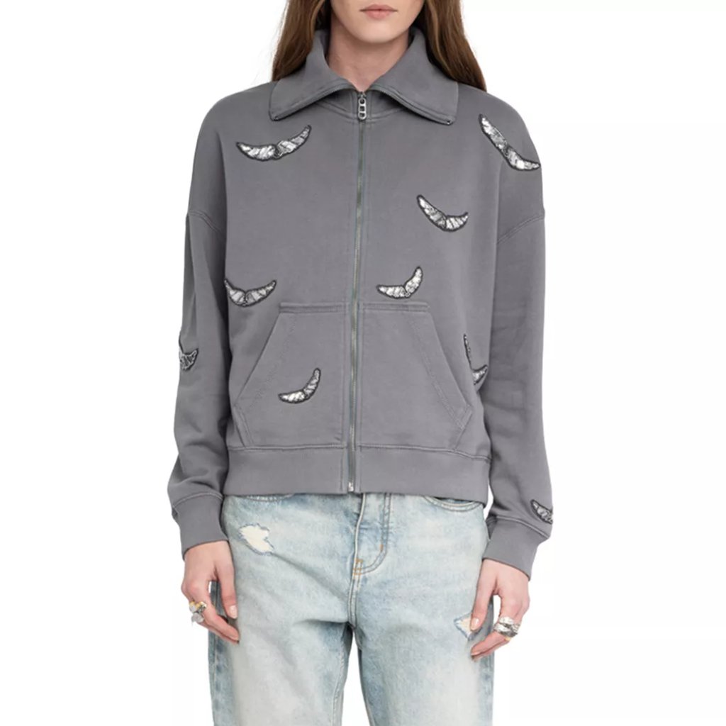 Zadig & Voltaire Milly Embellished Zip Sweatshirt Gray, Size M, New Without Tag